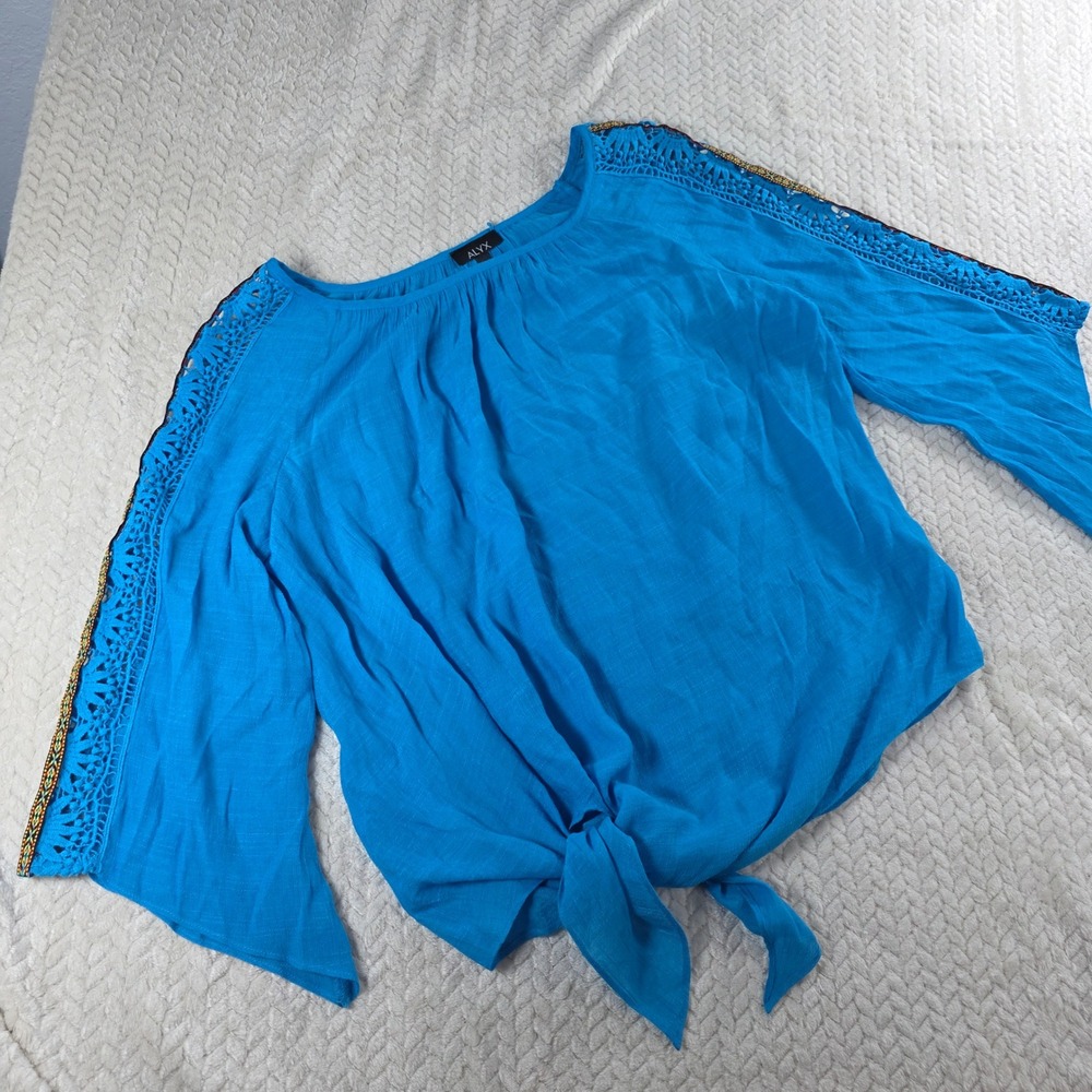 ALYX Women XL Blue Blouse Crochet Lace Bell Sleeve Front Tie Boho 0407117